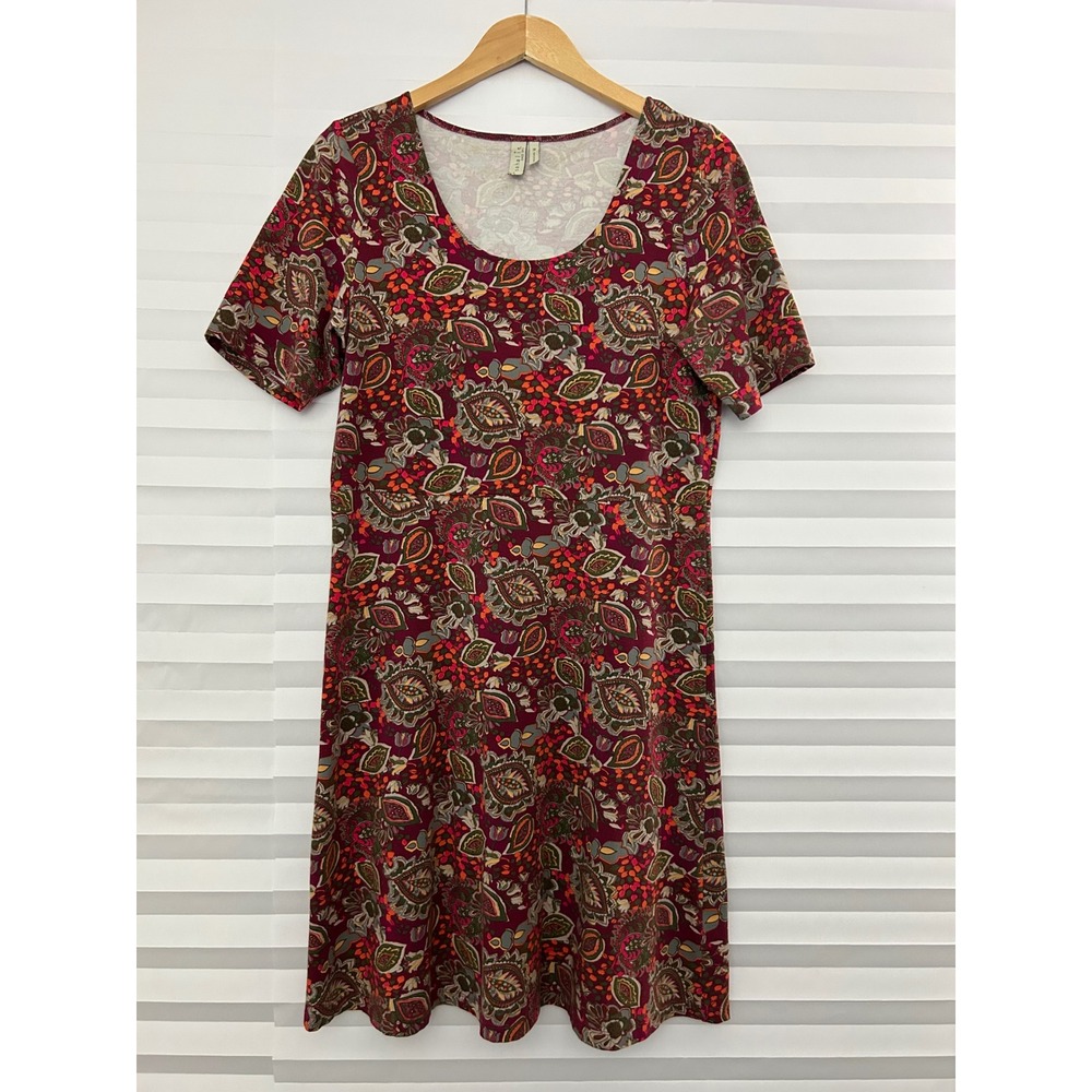 Sahalie Womens Burgundy Paisley Floral Knit A-Line Dress M Short Sleeve Casual